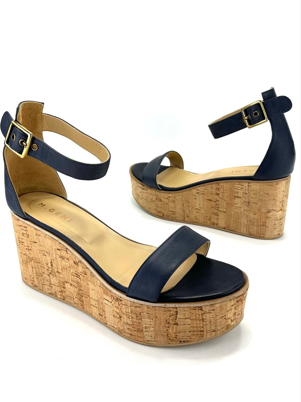 M. Gemi Anima Platform Wedge Sandal Sz 11 Blue Leather Cork Designer Ankle Strap